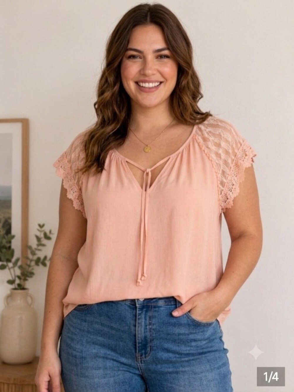 Reece Pale Pink Lace-Trim Tie-Front Flutter Sleeve Blouse